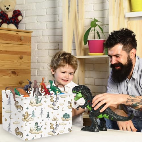 Image of Rectangular Dinosaur Baskets,Watercolor cute dragon fairy tale kids nursery basket,Cloud moon star dragon egg laundry basket for kid,Toys Box,Dinosaur Room Decor(Cute dinosaur)
