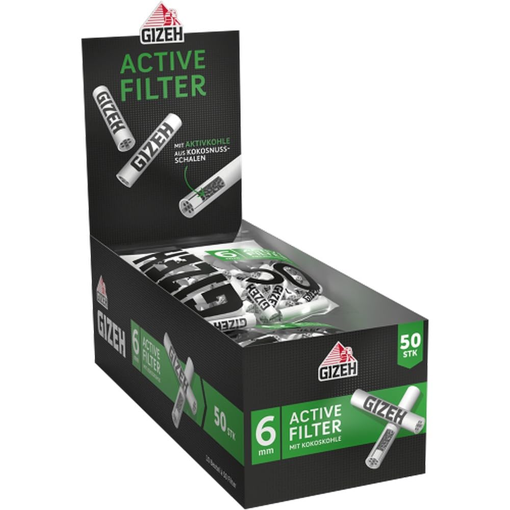 GIZEH BLACK Active Filter – Aktivkohlefilter slim 6 mm Durchmesser – Aktivkohlefilter slim mit Aktivkohle aus Kokosschale – Filter mit 27 mm Länge - 10 Beutel á 50 Filter