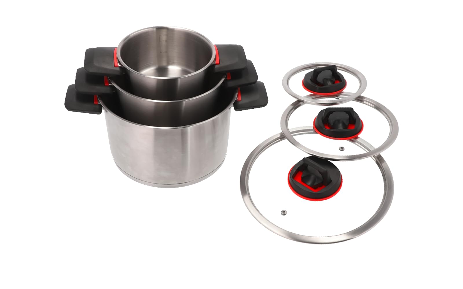 BERGER RedSilva Topfset Induktion 6-tlg. | Camping Kochgeschirr-Set aus Edelstahl | Kochtopf Set Outdoor mit Glasdeckel & klappbaren Griffen | Picknick Topf Geschirrset stapelbar
