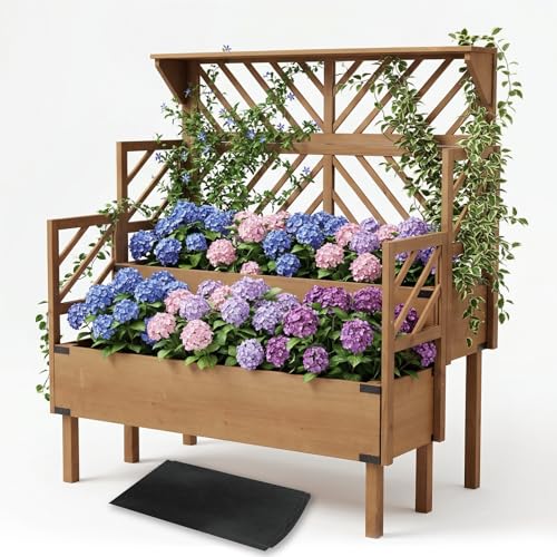2 Tier Raised Garden Bed with Trellis & Top Shelf, Elevated Wooden Planter Box for Vegetables Flowers Herbs, Outdoor Vertical Gardening Planter for Ba