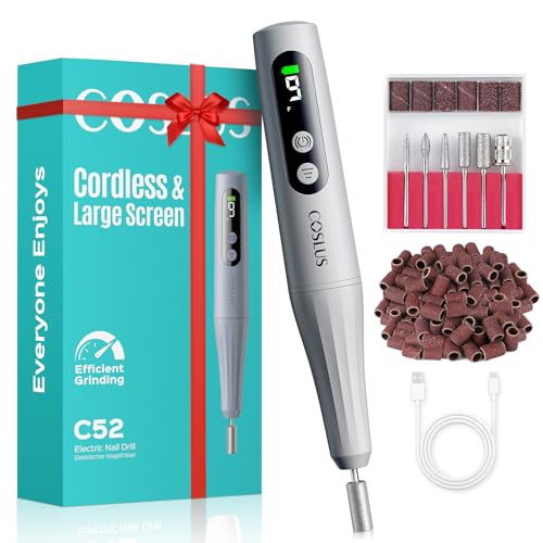 COSLUS C52 Cordless Electric Nail Drill File: Professional Nail Drill Kit with LED Screen for Acrylic Gel Nails Portable for Home DIY & Salon Use Manicure Pedicure for Beginners Women Dark Gray