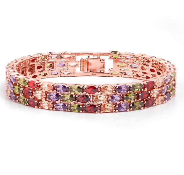 Treasure Bay Pulsera de tenis chapada en oro rosa con cristales de circonita cúbica multicolor para mujer, regalo de joyería de lujo, 19, Cristal, No es una piedra preciosa