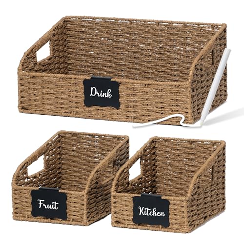 Pantry Organizers, Large Wicker Baskets for Shelves, Labeled Storage Baskets for Organizing with Handles – Paper Storage Bins for Shelves, 3 Pack, Brown