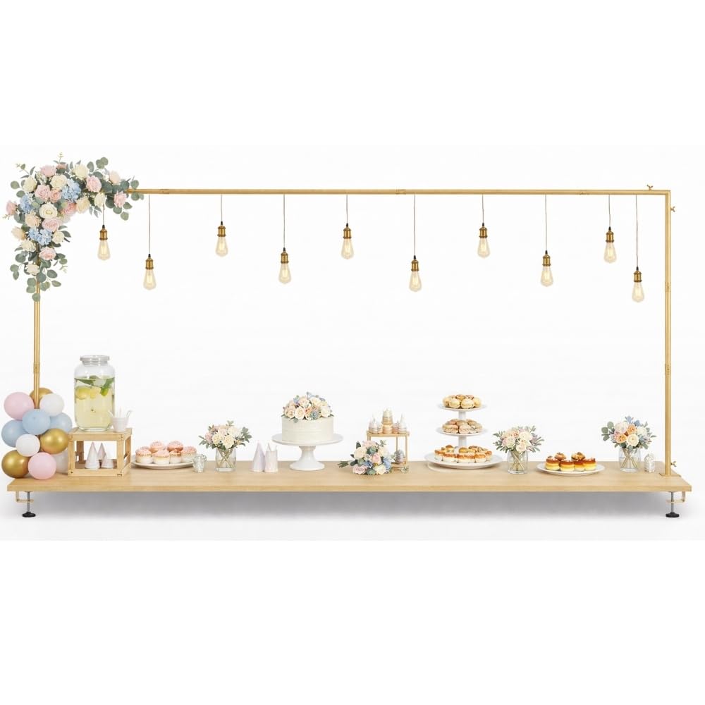TERRE JARDIN Arche de Table Extensible Métal Doré - Support Décoration Réglable 79 à 280 cm avec Pinces - Cadre Arche Métal pour Ballons, Mariage, Anniversaire, Noël