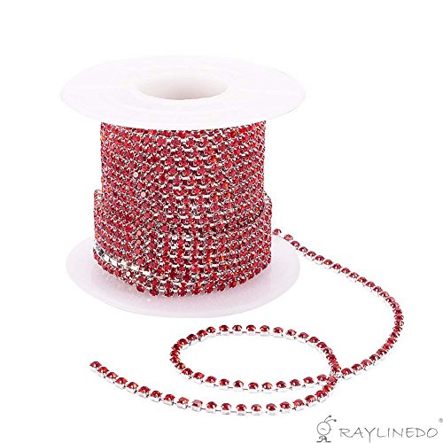 RayLineDo 3A Class 2mm Red Rhinestone Diamante Silver Plated Chain 10 Yard Lenght for Wedding Supplies DIY Sewing Craft Jewellery Making Party Decorations