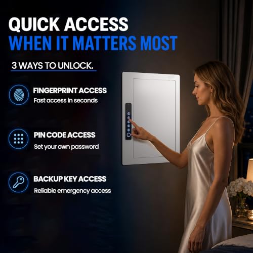 Image of Grimtron Biometric Wall Safe Between 16 inch Studs with Shelves & Hooks, White