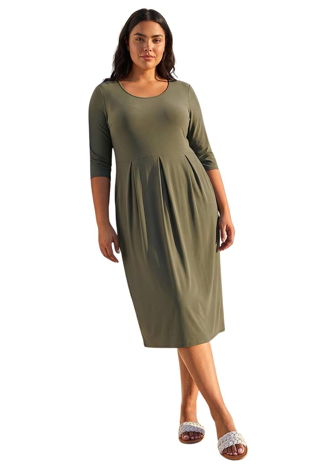 Roman Originals Women's Khaki Plus Roman Curve Abstract Print Stretch Dress For Uk Autumn Everyday Winter Holiday Round Neckline Comfy Short Sleeve Soft Midi Length Frock Desk To Dinner - Size 2224