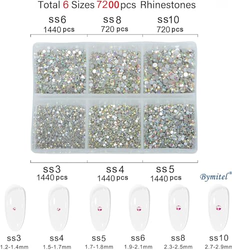 Image of Bymitel 7200pcs Flat Back Glass Round Rhinestones, 6 Sizes Mixed for DIY Jewelry Making, with a Pen (6 Sizes, 7200 Pieces, AB Crystal)