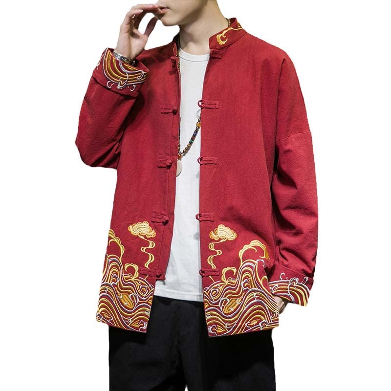Tunique chinoise homme en coton lin rouge pour vos soirées et cérémonies
