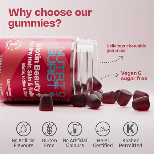 Nutriburst Biotin Beauty - Healthy Hair, Skin & Nails - Vegan Gummies • 2500mcg Biotin with Zinc, Iodine, Vitamins A, C, D3 & E - Mixed Berry Flavour • Sugar Free - Image 3
