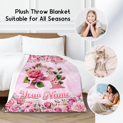 Personalized Flower Blanket - Custom Initial Blanket Gift for Kids - Customized Girls Gifts - Soft Cozy Throw Blankets for Living Room Sofa