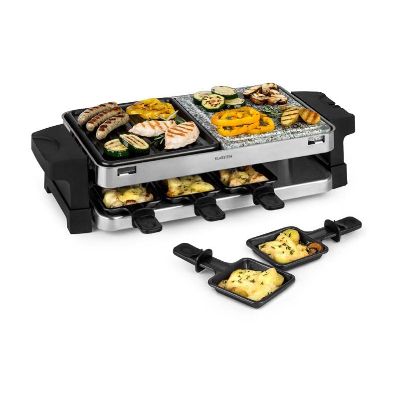 Klarstein Sirloin - Raclette gril 1500W, Pour 8 personnes, Plaque de gril en pierre naturelle, Appareil à Raclette 8 poêlons à raclette antiadhésifs, Gril en aluminium, Thermostat réglable, Argent