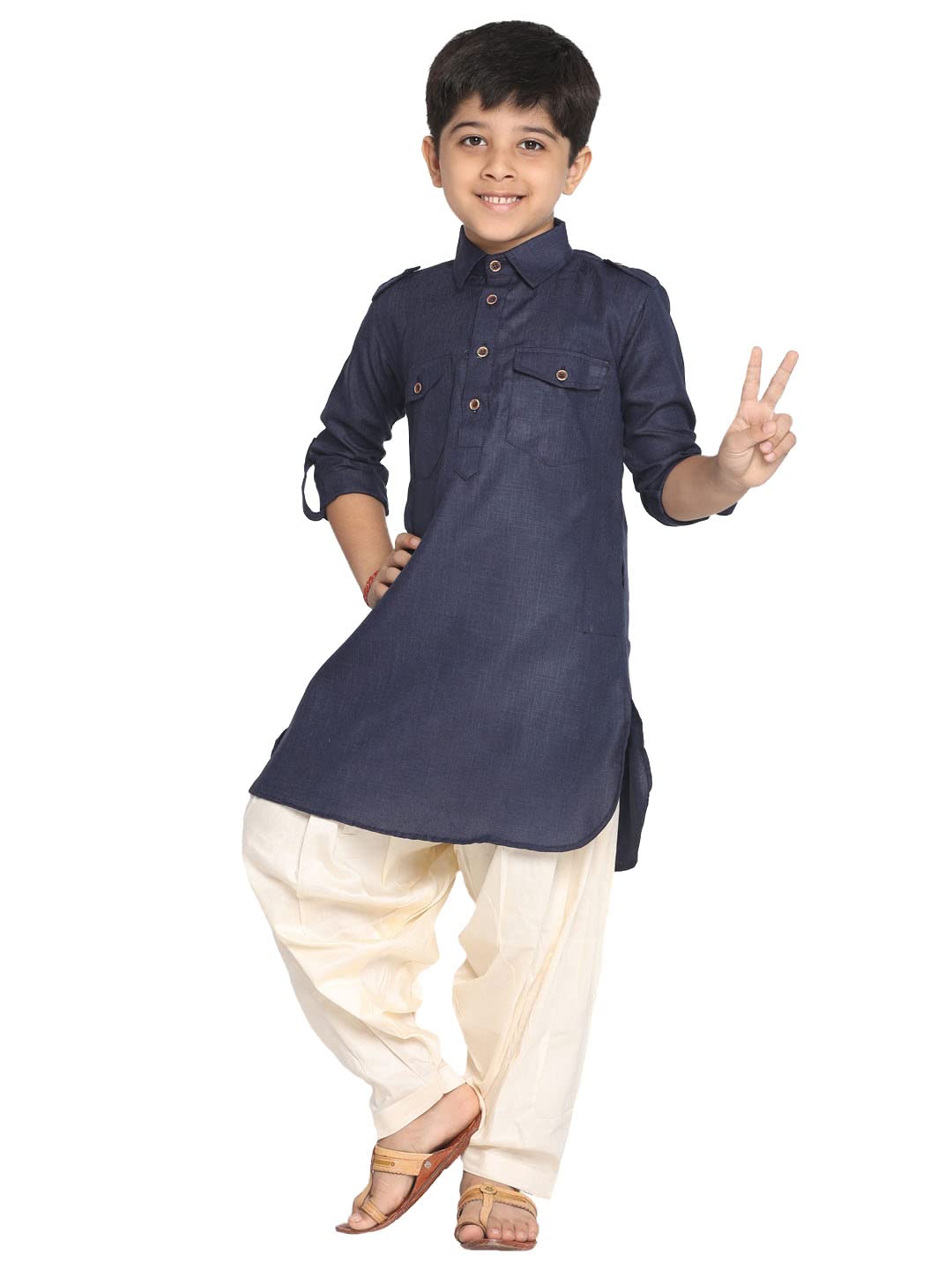 Jbn Creation Boys' Navy Blue Cotton Blend Pathani Suit Set
