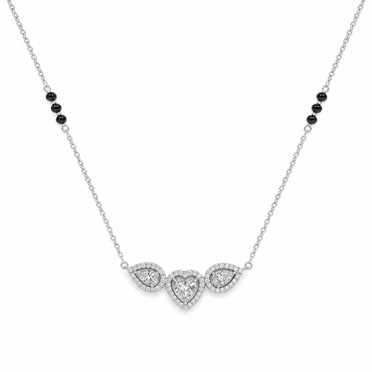 925 Sterling Silver Triple Heart Halo Mangalsutra for Women | Rhodium-Plated Chain with Black Beads & Zircon Heart-Cut Center Pendant with Pear-Shape Crystals | Elegant Traditional Necklace-image-18