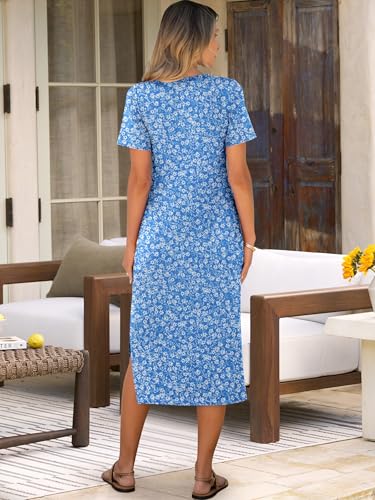 Image of ANRABESS Womens Midi Dress,Summer Long Tshirts Dresses,Short Sleeve Split Stripe,Comfy Travel Beach Vacation Casual Wear