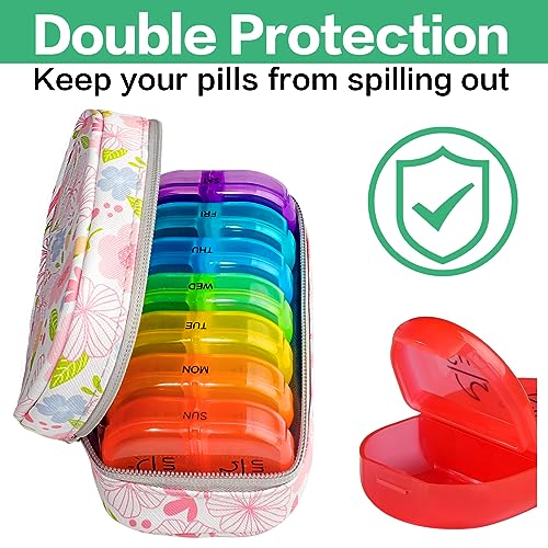 Image of Serfeymi Weekly Travel Pill Organizer 2 Times A Day AM PM Upgraded Rainbow Pill Box 7 Day with Portable Zipper PU Leather Pill Case, Medicine Organizer for Pills, Vitamins, Fish Oils - Floral 01