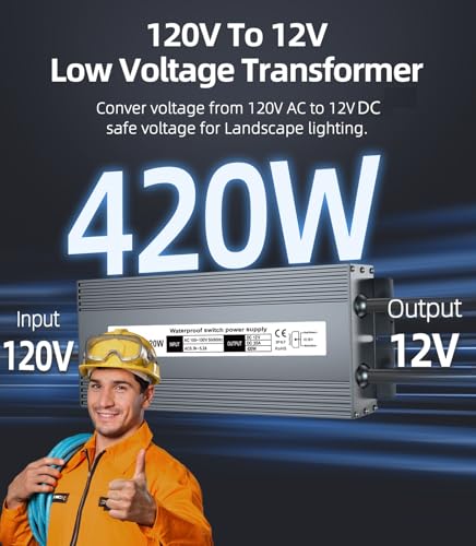 Image of 12V 420W Low Voltage Transformer, IP67 Waterproof Outdoor LED Power Supply Driver, AC 100-130V to DC 12V Converter Power Adapter for Indoor Outdoor LED Light, Computer, Landscape Lighting Project