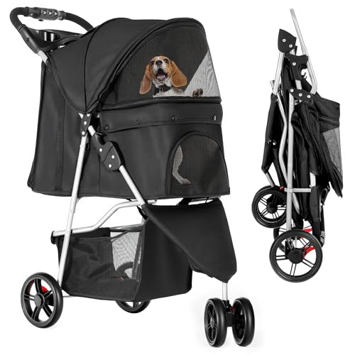 YITAHOME 15 kg Foldable Dog Stroller, Cat Stroller with 3 Wheels, Mesh Windows, Cup Holder, and Brakes, Suitable for Medium-Sized Pets Black
