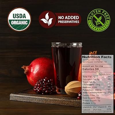 100% Organic Pomegranate Juice, 33.8 Oz Glass Bottle (2 Pack) No Sugar, No Artificial Colors, No Preservatives, No Flavors Added, Gluten Free and Kosher