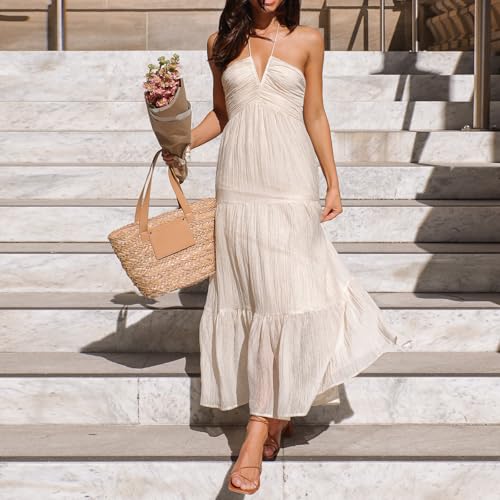 Image of Owl's-Yard Women Ruffle Spaghetti Strap Dress Sexy Backless Tiered Flowy Sundresses Boho Beach Long Dress Clubwear (M-03, M)