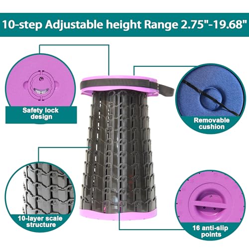 Image of ALEVMOOM Upgraded Portable Collapsible Stool with Cushion,Telescoping Folding Stool for Adults,Yet More Sturdy Camping Stool with Load Capacity 1000lbs,for Outdoor Garden Hiking BBQ