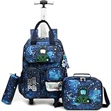 Egchescebo Mochila con Ruedas Carrito para Escolar Niño Múltiples Bolsillos Mochilas Niños Escolares Juego Fiambrera y Portalápices Maleta Juvenil Pequeño Adecuado Primaria 5-12 Años Azul Astronauta