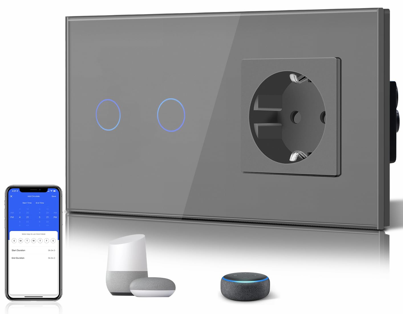 BSEED BSEED 2 Gang 1 Vía Interruptor de Luz Táctil Inteligente WIFI con Schuko Enchufe Estándar, Compatible con Alexa/Tuya/Smart Life (Requiere Cable Neutro) Gris