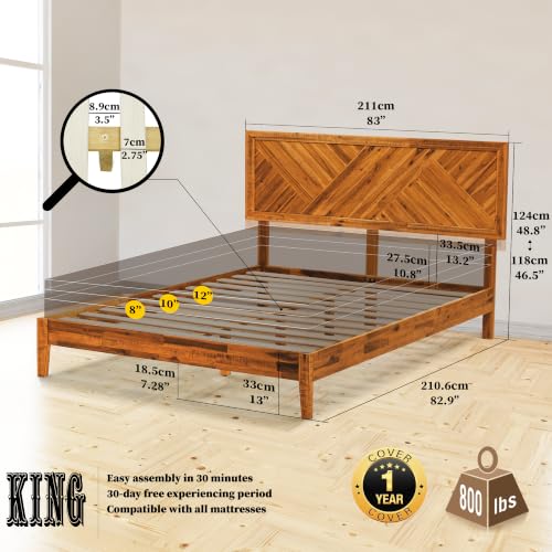 Image of Acacia Sierra Solid Wood Bed Frame with High Headboard, 800 lbs Capacity Farmhouse Signature Bedroom Furniture Wood Bed Compatible with All Mattress Types