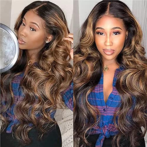 4/27 Highlight Wig Brazilian Body Wave Human Hair Wigs Omber Brown Honey Blonde 13x6x1 Lace Front Wig 150% Density Highlight Glueless Lace Front Human Hair Wigs for Black Women(22 Inch)
