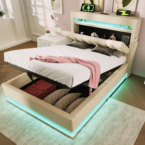 RIAZOS Polsterbett 90x200 cm, Stauraum-Kopfteil mit USB- und Typ-C Ladefunktion, Einzelbett mit Hydraulischem Stauraum, Bettgeltell mit LED und Lattenrost, Leinen, Beige, ohne Matratze RIAZOS Polsterbett 90x200 cm, Stauraum-Kopfteil mit USB- und Typ-C Ladefunktion, Einzelbett mit Hydraulischem Stauraum, Bettgeltell mit LED und Lattenrost, Leinen, Beige, ohne Matratze