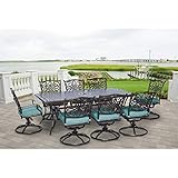 Hanover Traditions 9-Piece Cast Aluminum Outdoor Patio Dining Set, 8 Swivel Rocker Chairs and 42'x84' Rectangle Table, Brushed Bronze Finish with Blue Cushions, Rust-Resistant, TRAD9PCSW8-BLU