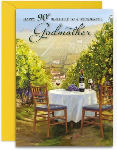 Tarjeta de felicitación de 90 cumpleaños de Olivia Samuel – Sunshine and Wine – Tarjeta de tamaño mediano brillante (A5 – 148 mm x 210 mm) con sobre de cierre y cierre