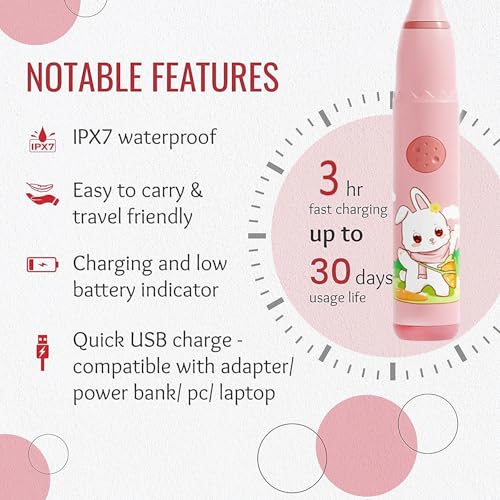 Image of Obvie Sonic Electric Kids Toothbrush with 4 Brushing Modes, 19000 Strokes per minute, IPX7 Waterproof, Soft Nylon Bristles, Rechargeable Battery, Electric Power Tooth Brush, 3 Heads (Pink)