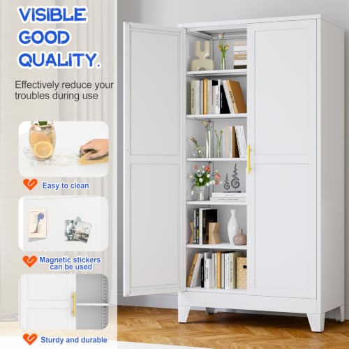 Image of GAIOUS 79 inch Tall Kitchen Pantry Cabinet,Metal Storage Cabinet White Cupboard | with 2 Doors and 5 Adjustable Shelves, Freestanding Cupboard, 6 Tier Steel Storage for Office Kitchen Dining Garage Hallways