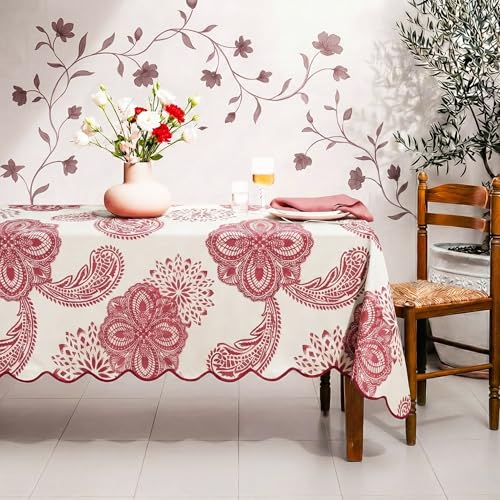 RUSTIQUE LINENS Printed Tablecloth for 6 Seater Dining Table | Scalloped Edge Decorative Table Cover | Premium Washable Fabric Table Linen-Rust Cream (231 x 150 cm)