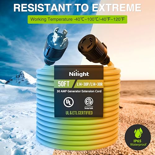 Image of Nilight 50FT 30 Amp Generator Extension Cord 10 /3 Gauge L14-30P to L14-30R | 125V Heavy Duty Pure Copper STW Wire UL ETL Listed 3 Prong Weatherproof Suit for Camper Outdoor Use Bright Green