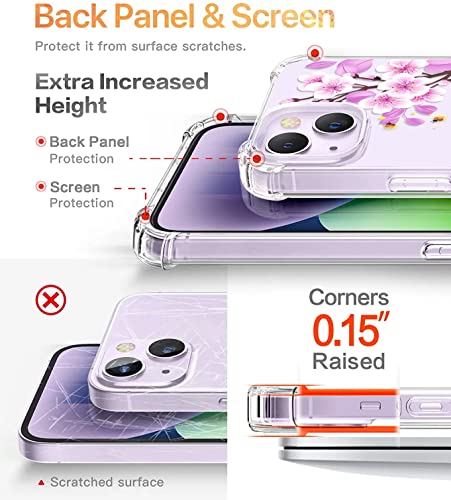 Roseparrot [4-In-1] Iphone 14 Case With Tempered Glass Screen Protector + Camera Lens Protector, Clear With Floral Pattern Design, Shockproof Protective Cover (Fireflies/Purple) #TOP3