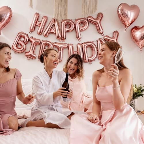 Image of Rose Gold Happy Birthday Balloon Banner Foil Balloons - 16 Inch Mylar Letters Balloons, Reusable Birthday Decorations for Men, Women Party Supplies