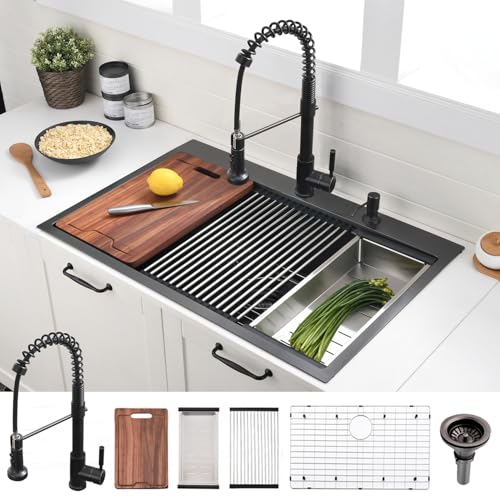 33 Inch Kitchen Sink Drop In with Faucet Black - VOKIM 33x22Inch Workstation Top Mount Sink 16 Gauge Stainless Steel 10'' Deep Handmade Single Bowl Kitchen Sink with Cutting Board& Strainer by VOKIM - Used condition - US$310.36
