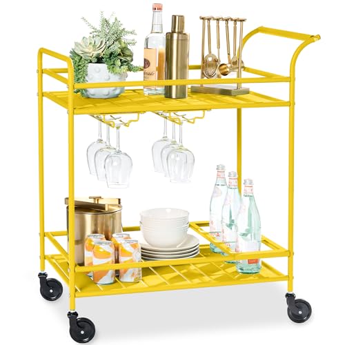 Best Choice Products Rolling Bar Cart Mobile Home Bar Serving Cart Serving Station w/ 2 Tier Shelves Wine Rack Lockable Wheels - Yellow