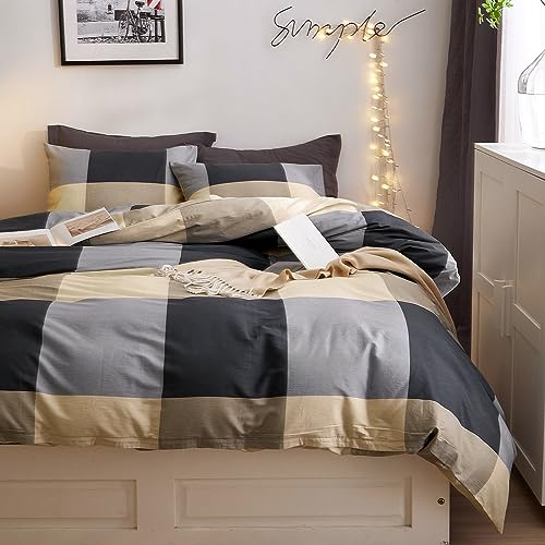 Image of VM VOUGEMARKET Cotton Full Duvet Cover Set,3 Pieces Black Gray Plaid Duvet Cover with 2 Pillowcases Modern Simple Checkered Comforter Cover for Teens Boys Men-80x90 Inch
