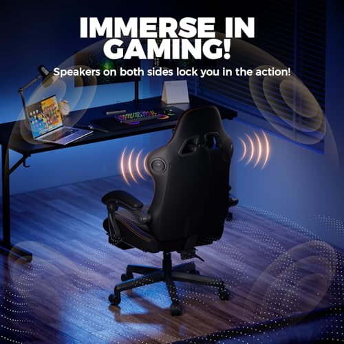 Image of GTPLAYER ACE-PRO Music Gaming Chairs - Built-in Speakers, App Support & Bluetooth Control, Computer Game Chairs with Footrest for Adults, Ergonomic, Reclining, Linkage Armrest, Black & Orange Stitch