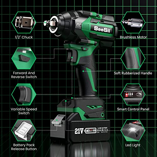 Seesii 1000Nm(738Ft-Lbs) High Torque Cordless Impact Wrench, 1/2 Brushless Battery Impact Gun W/ 4.0Ah Battery,Fast Charger, 5Pcs Sockets & Storage Tool Box, Electric Impact Wrench For Car Truck,Wh750 #TOP6