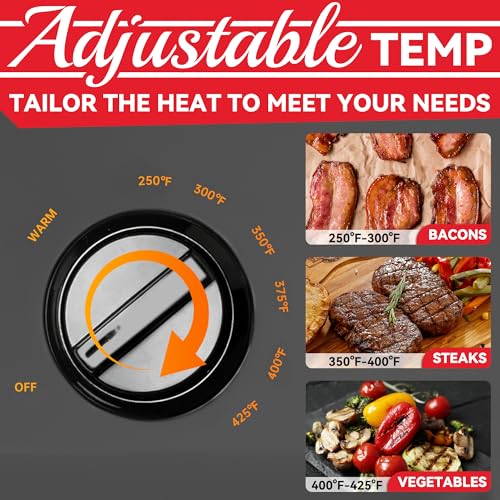 Image of SugarWhisk Family-sized Contact Grill, 6-Serving Electric Indoor Grill with Adjustable Temp Control, Ceramic Coating, 1500W, Silver