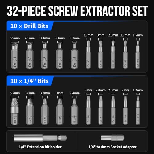 Image of STREBITO Damaged Screw Extractor Set, 32PCS Stripped Screw Extractor with Magnetic Extension Shaft & Socket Adapter, Stripped Screws Nuts & Bolts Drill Bit Tools for Easy Removal of Rusty Broken Screw