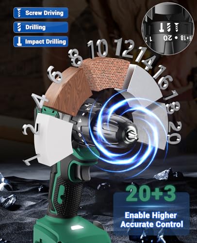 JYGMPRO Cordless Drill Driver 21V, Brushless Cordless Hammer with 2 Batteries 2000mAh, 20+3 Torque, 45N.m Max, 14PCS Drill Bits, 2 Speed, LED Light for Home, Garden DIY Project