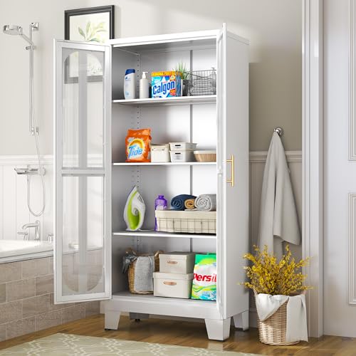Metal-Storage-Cabinet-Kitchen-Pantry-Cabinet-with-2-Cross-Door-Panels-and-3-Adjustable-Shelves-Versatile-Storage-Pantry-for-Living-Room-Office-Laundry-Dining-Room-or-Outdoor-White Metal Storage Cabinet Kitchen Pantry Cabinet with 2 Cross Door Panels and 3 Adjustable Shelves Versatile Storage Pantry for Living Room Office Laundry Dining Room or Outdoor White