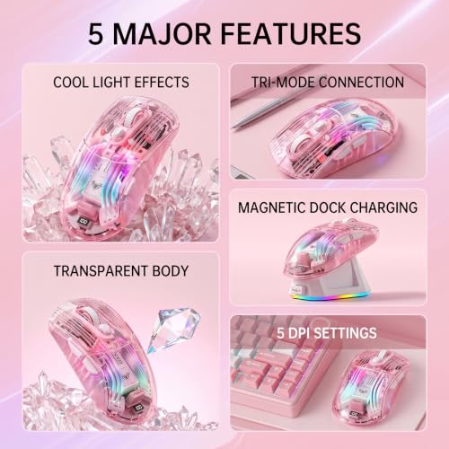 Image of RGB Magnetic Charging Dock Gaming Mouse, 12K DPI, PAW3311 Sensor, Tri-Mode Wireless, 6 Programmable Buttons, Ultra-Light 72g for PC /Mac (Pink- Transparent)
