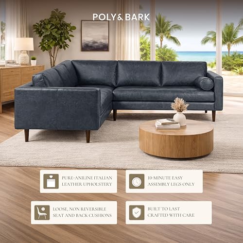 Image of Poly & BARK Napa 98 inch Leather Corner Sectional Sofa - Full-Grain Italian-Tanned Aniline Leather, Feather-Down Comfort, Solid Wood Frame - Nightfall Blue