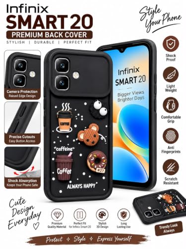 Image of Bintage Back Cover Compatible for Infinix X6840 / SMART 20 4G | Cute Fun Ball | 3D Taddy Smiley Coffee | Milk Case | Full Body Protection - Black